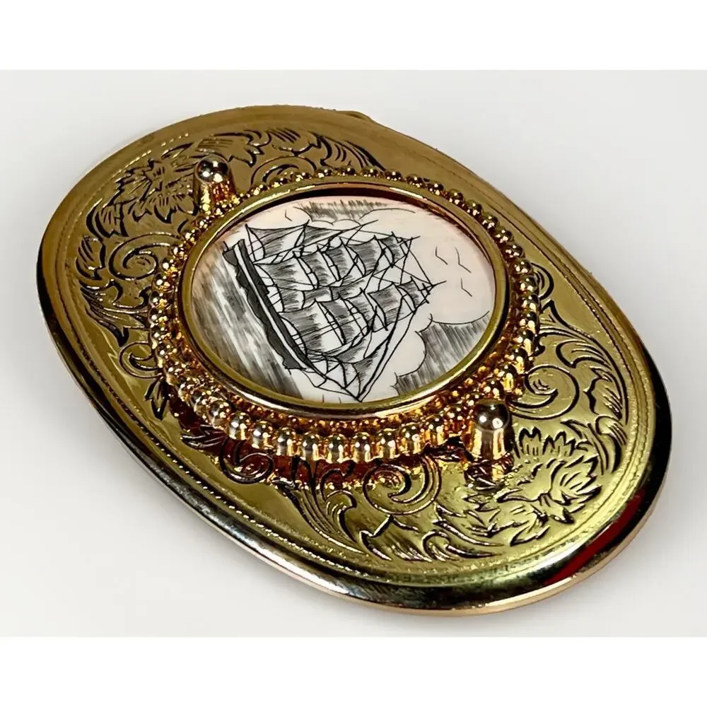 VTG Solid Brass Belt Buckle w/ Handcrafted Nautical Ship Scrimshaw Center NOS